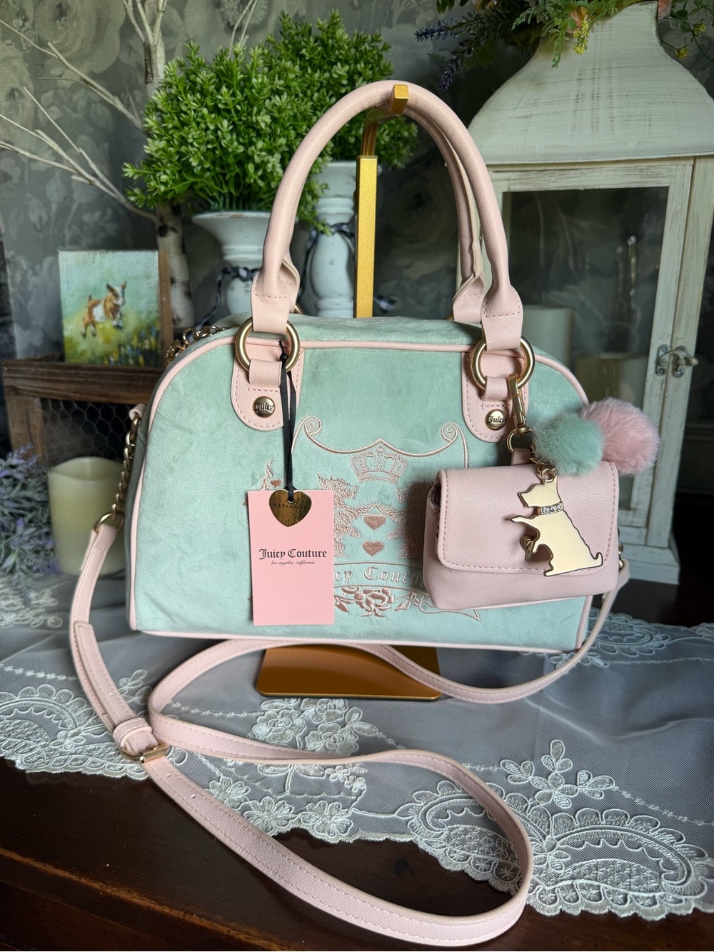 NWT Juicy Couture Mint and Blush Pink Dome Satchel Handbag Purse w/ Dog Charm